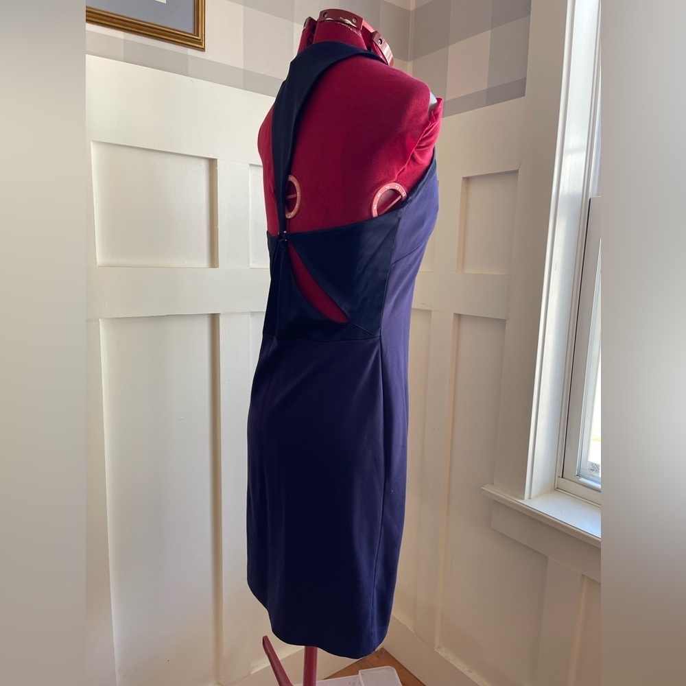 Halston Designer Navy Blue Midi Dress Size 8 Minimalist Chic‎ - Picture 4 of 11